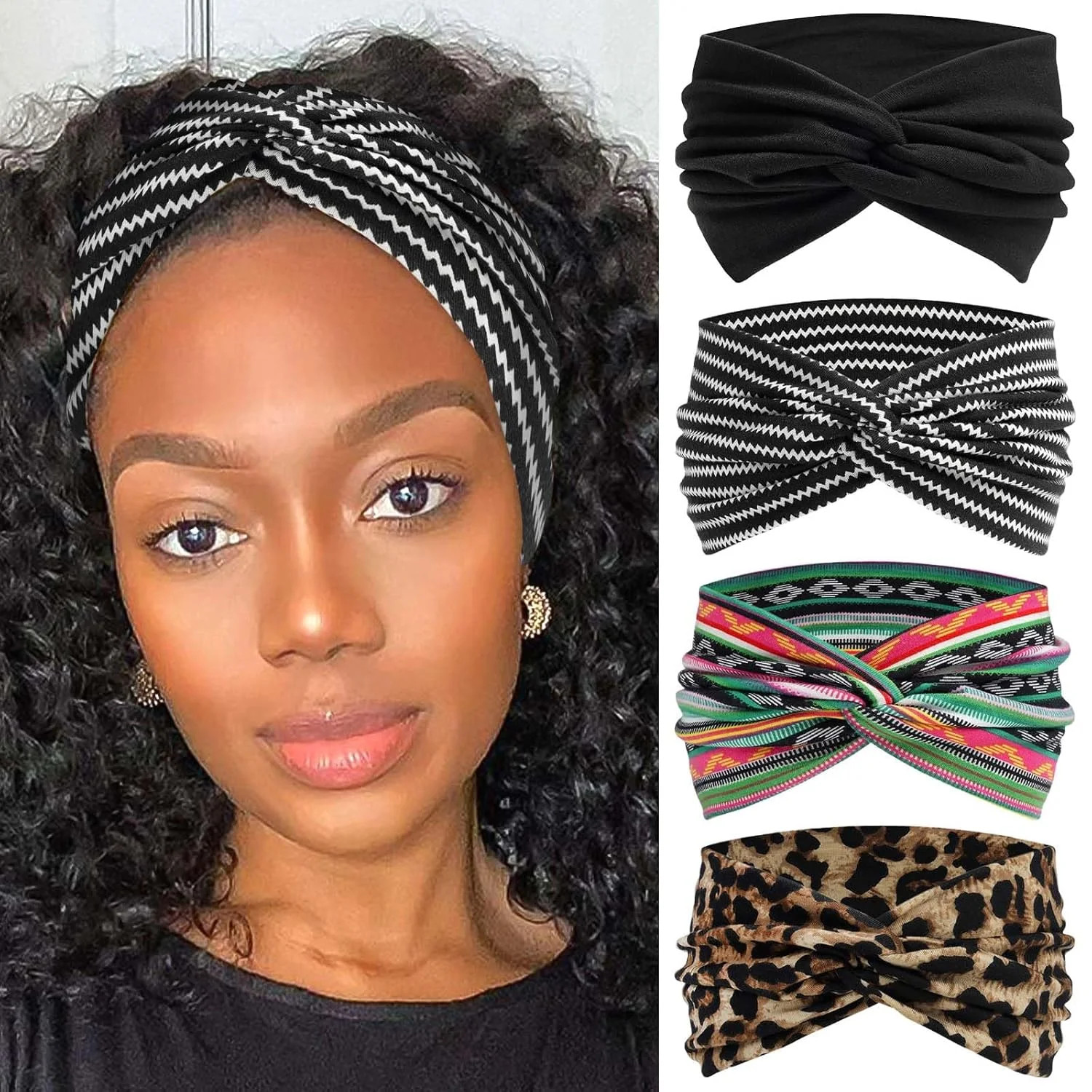 4 Pack Wide Headbands for Women Cute Boho Headband Stripe Knotted Turban Head Ba