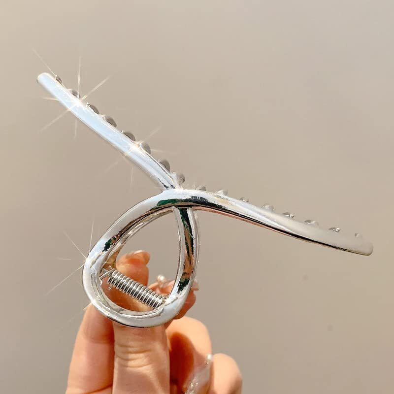 3pcs Hair Claw clips for Women, Metal Silver Large Hair clips for Thick Type D