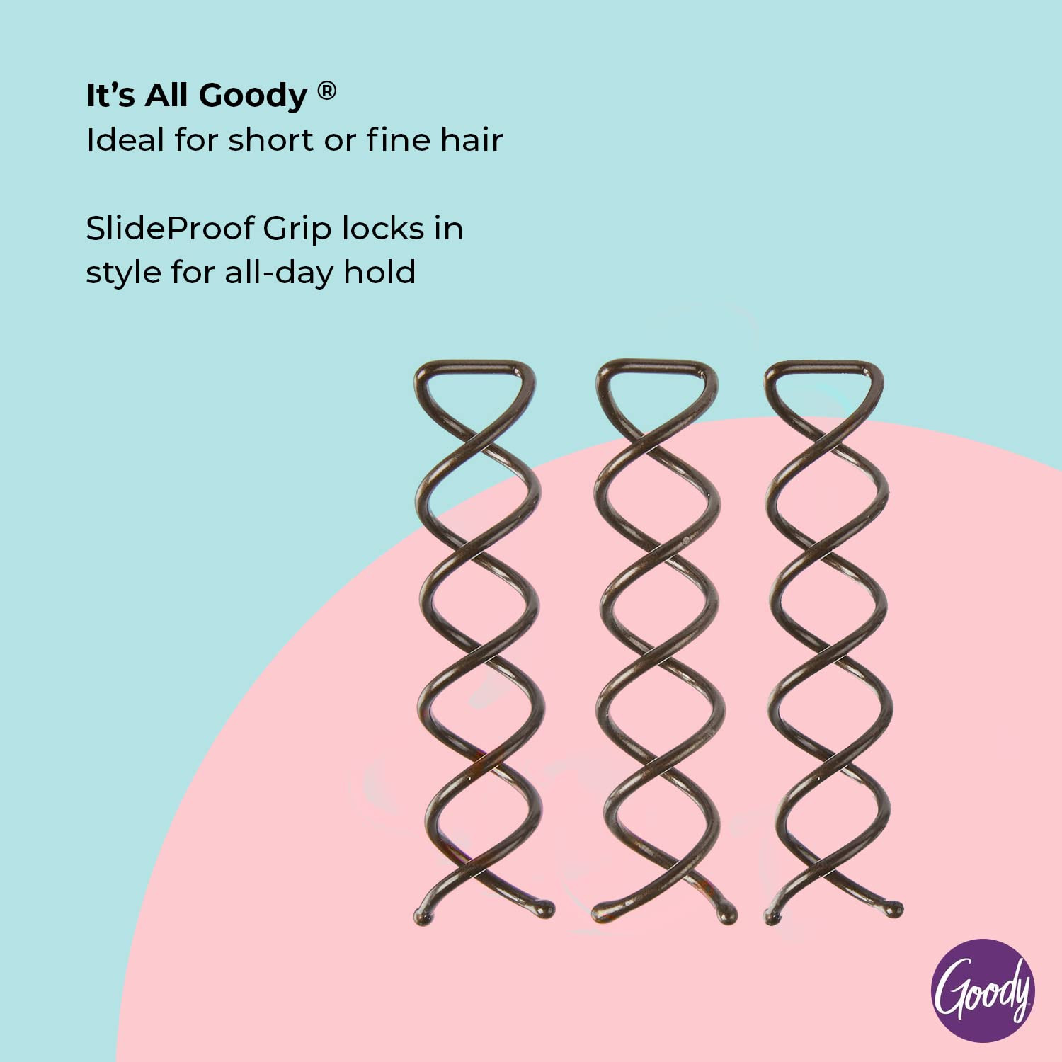 Goody Slideproof Mini Spin Pins – 3 Ct, Assorted Colors, Spiral Hair Pins, Quick