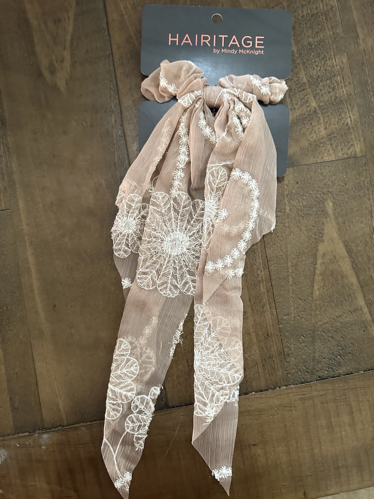 Heritage tan nude/cream embroidered bow hair scrunchie new boho hair tie