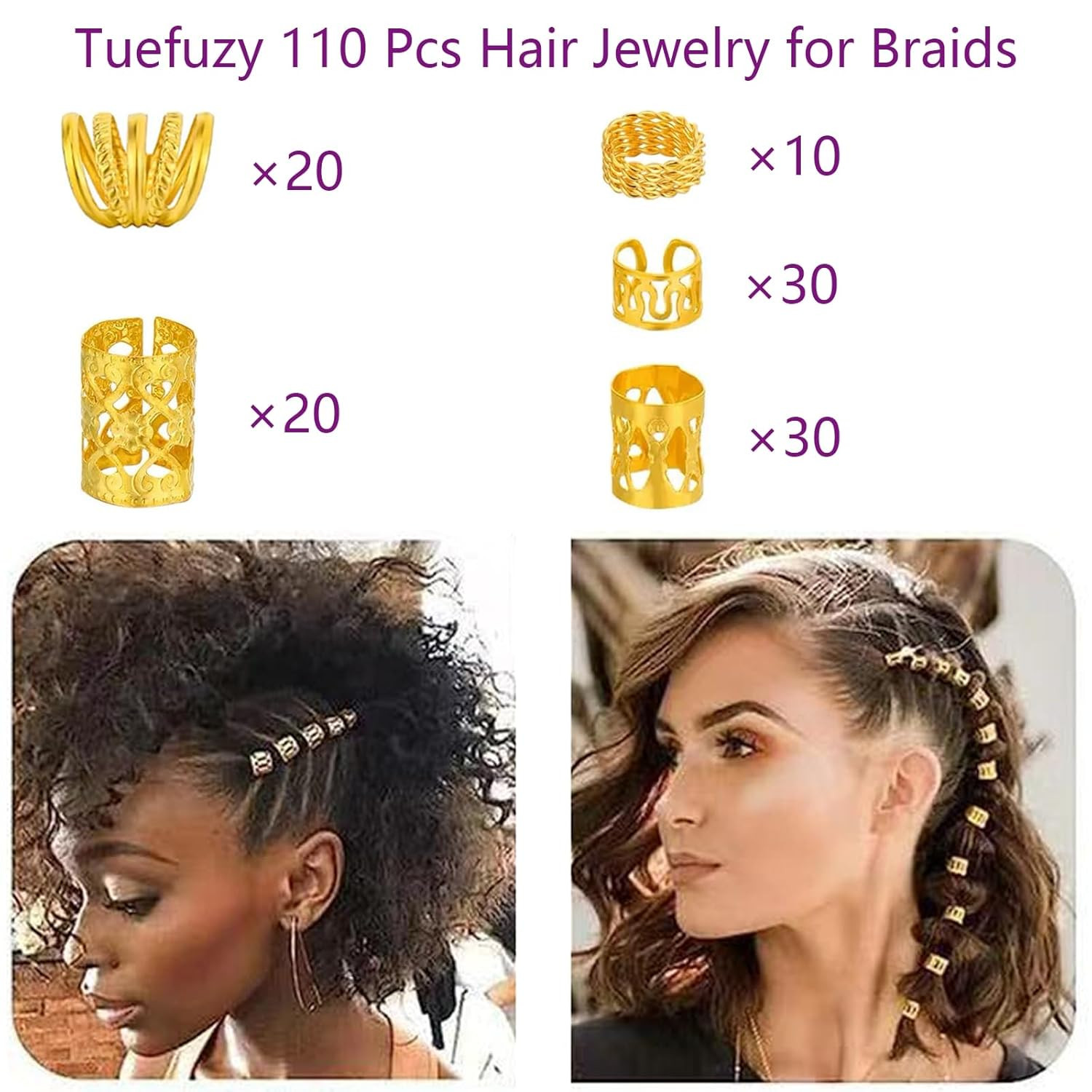 110 Pcs Gold Hair Jewelry for Braids and Dreadlocks – Metal Rings, Cuffs, Clips