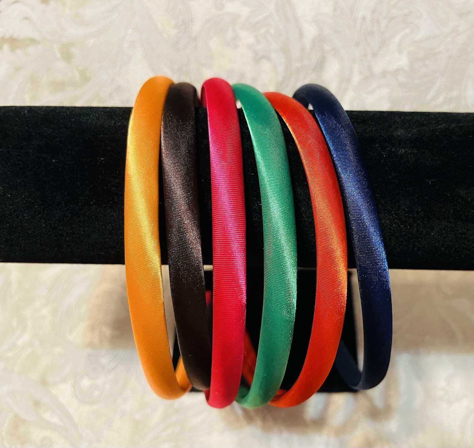 Orange Brown Pink Green Red Navy Satin Headband Fashion Hair Accessory Set Of 6