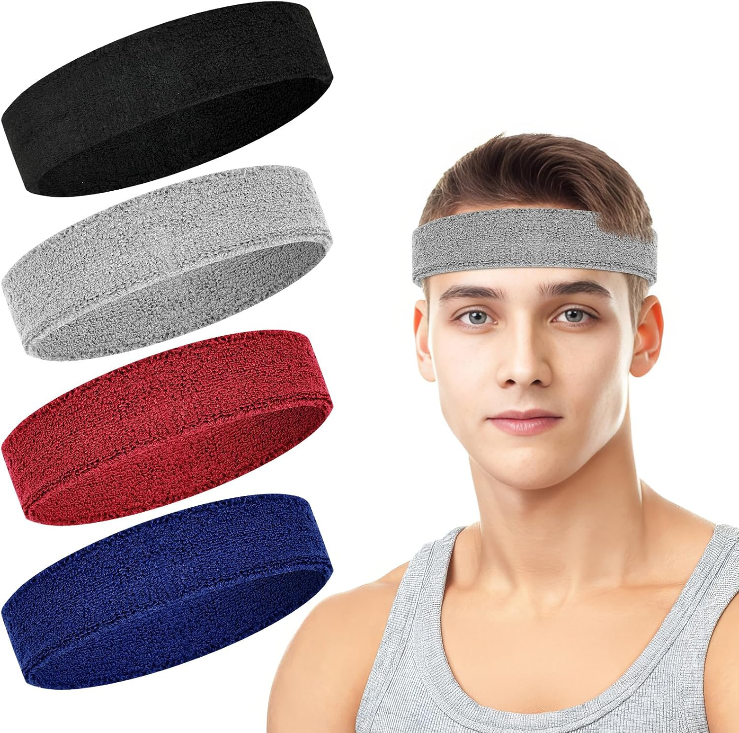 4 Pack Headbands for Men, Sweat Bands Headbands Men & Women, Cotton Terry Sweat