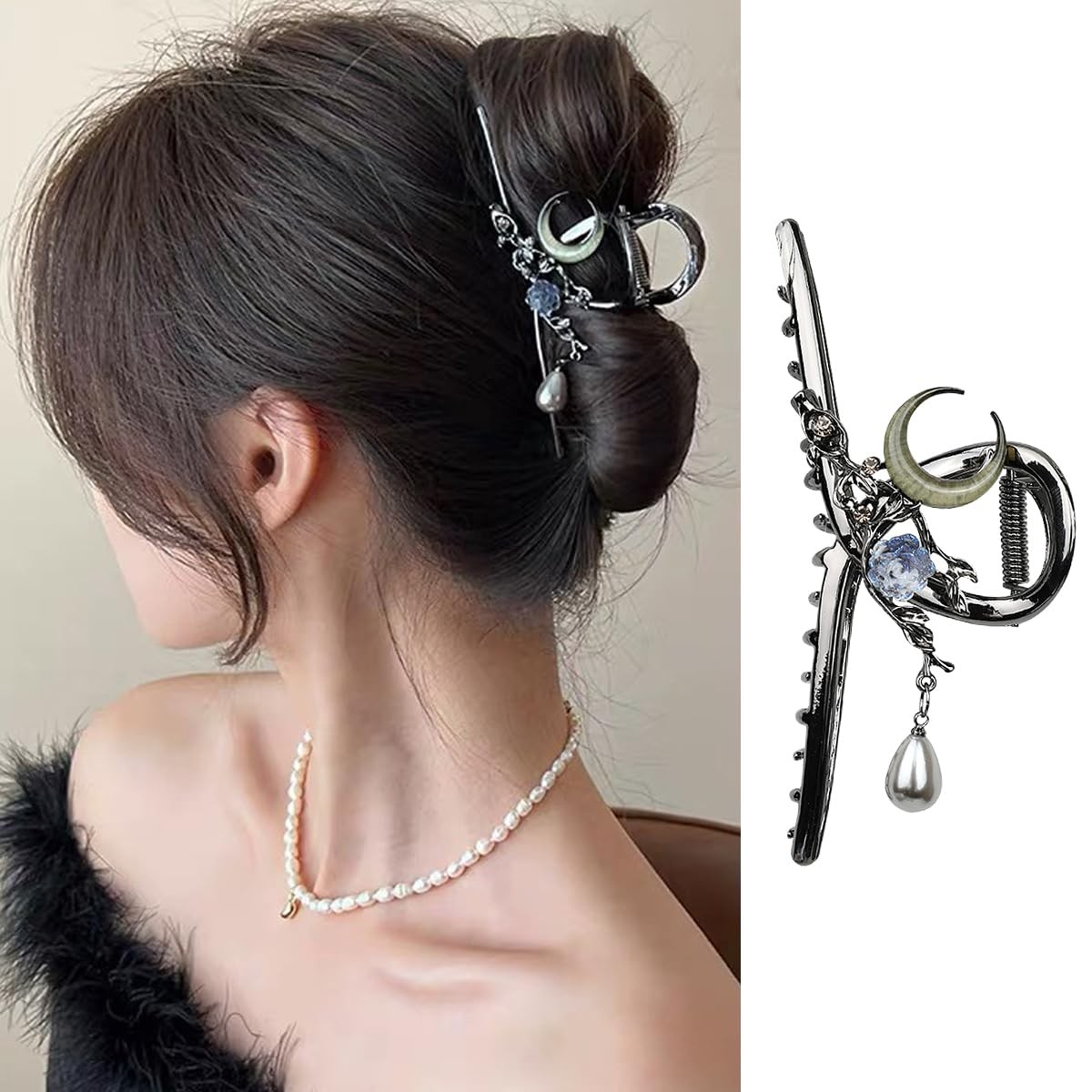 Flower Hair Clips for Women, 1PCS 1 Count (Pack of 1), Black Moon