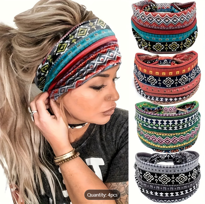 4Pcs Boho Wide Headbands for Women Yoga Sweatband Workout Hairband Pattern Print