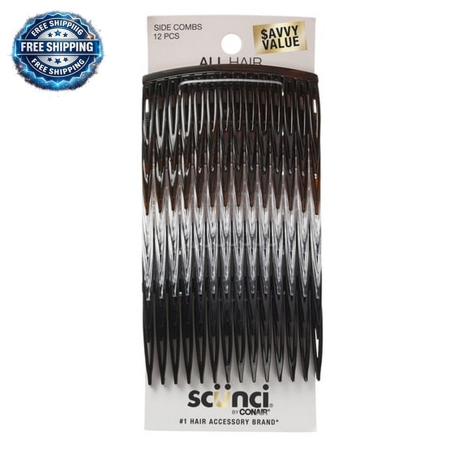 Scunci Plastic Side Hair Combs, Black, Clear, and Tortoise Shell, 12 Ct US