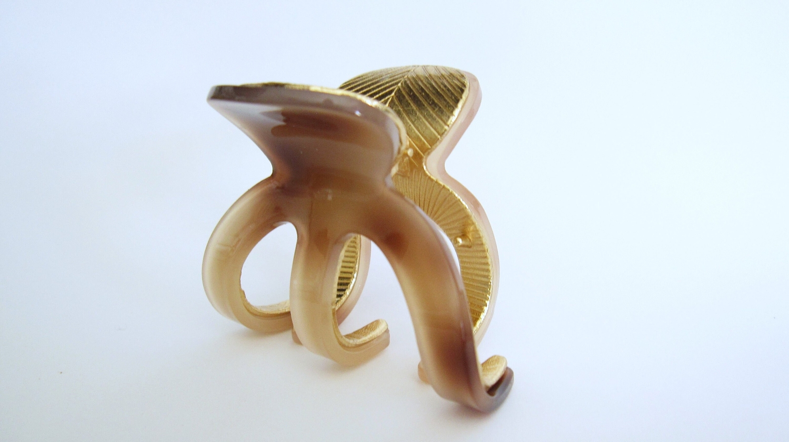 Medium brown beige gold tone textured acrylic and metal hair claw clip