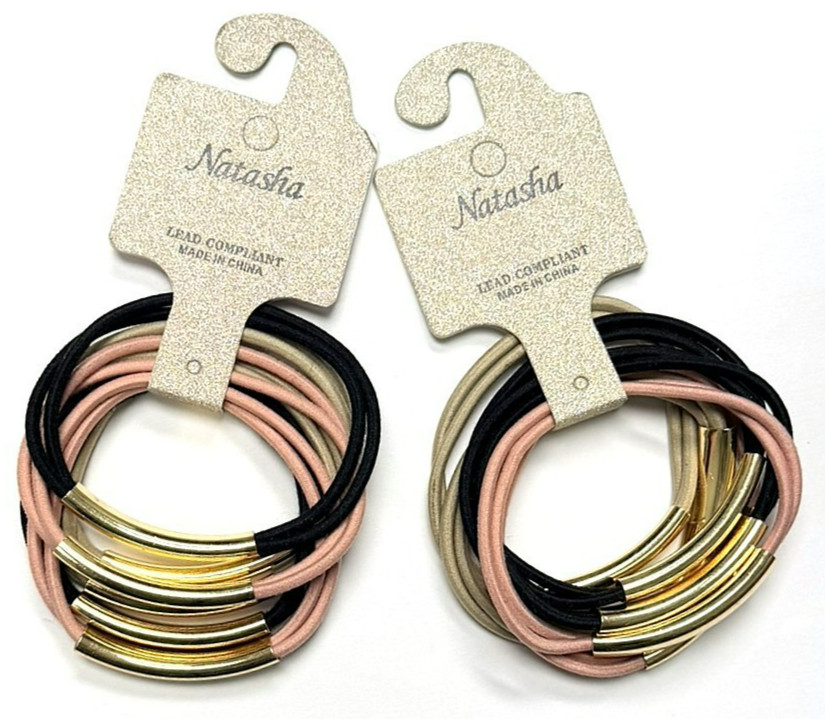z Natasha 2PK Gold Bar 12 Hair Ties Lead Compliant Beige Pink Black NEW