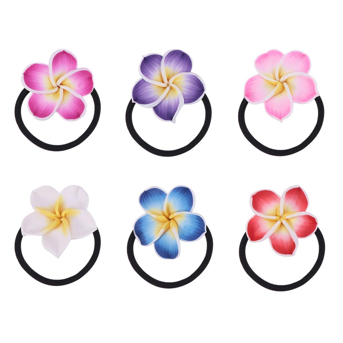 12PCS Plumeria Hair Ties Soft Ceramic Hair Ring Flower Hair Rope Black Band F…