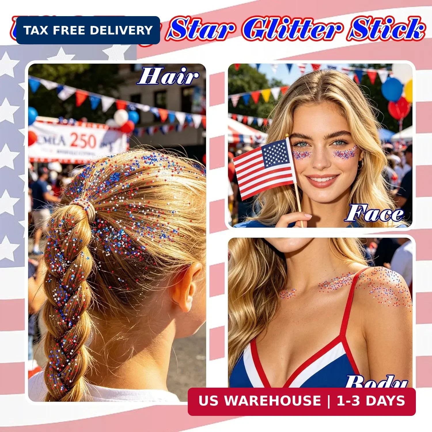 MEICOLY Patriotic Red White and Blue Star Hair Face Glitter Stick,4th of July Bo