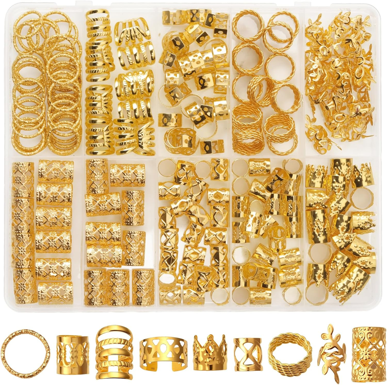 220Pcs Hair Jewelry for Dreadlock, Metal Hair Charms for Women, Gold Braids Ring