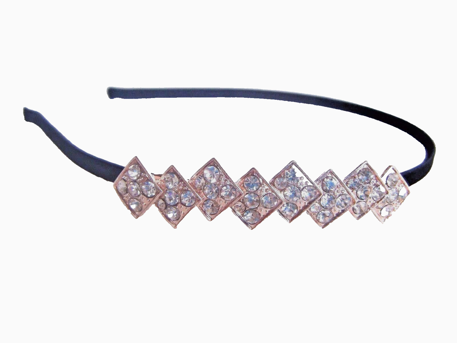 Women’s Jeweled Black Headband Gold Tone Metal Diamond Shapes & Clear Stones New