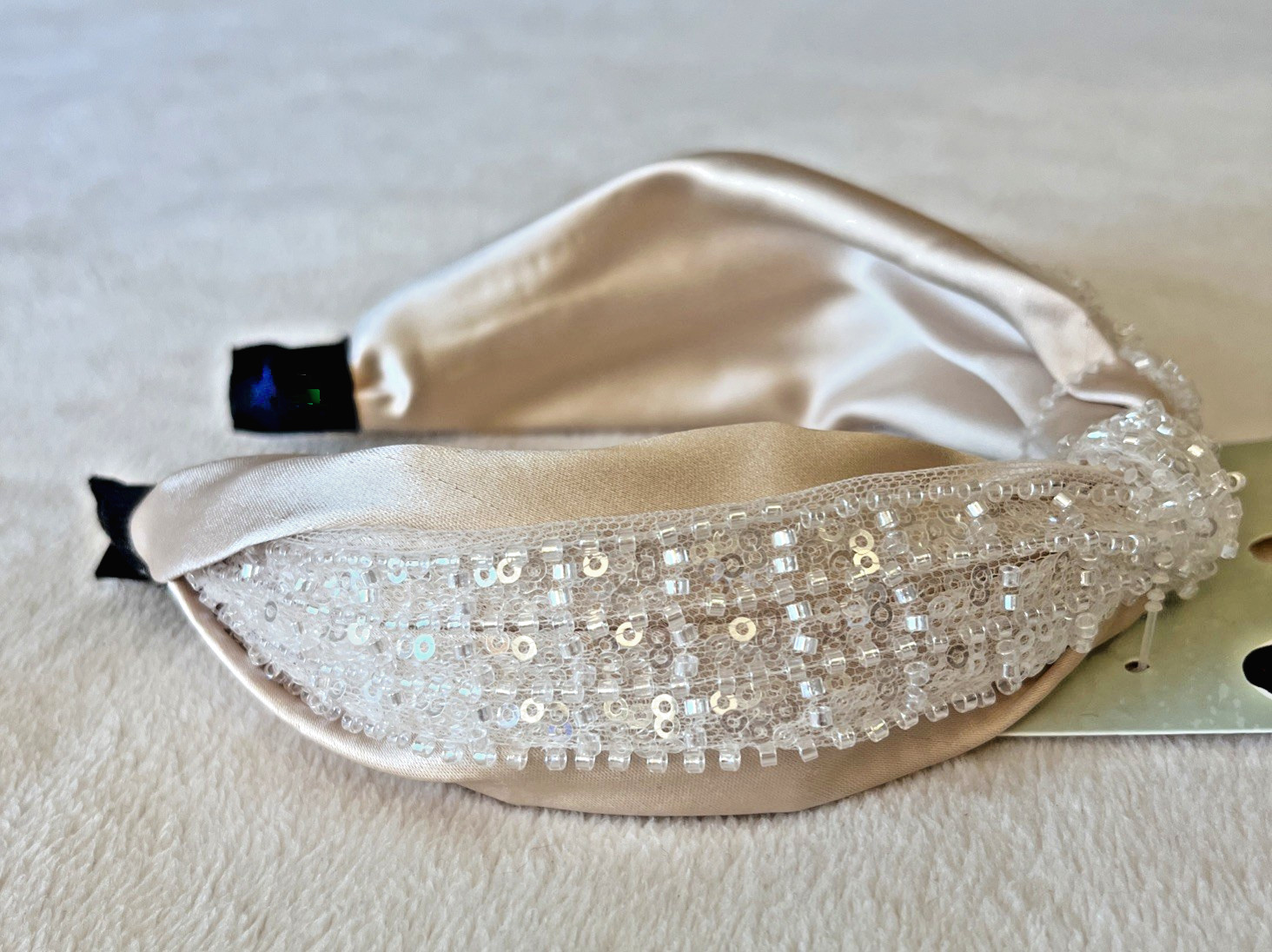 Sparkling Sequins Tulle Champagne/Beige Satin Bridal Headband Women: NWT