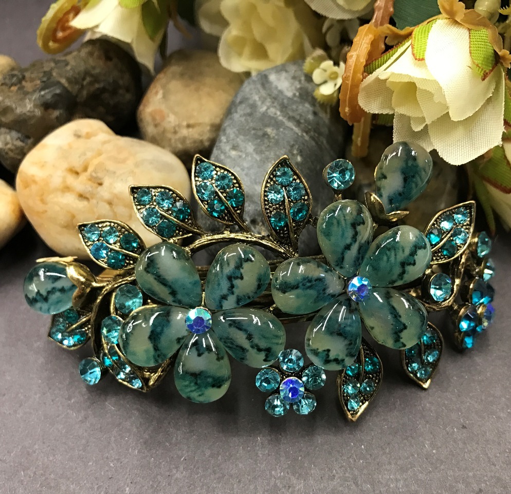 Antique Tone Flower Rhinestone Blue Color Hair Clip Barrette HA9028 dec