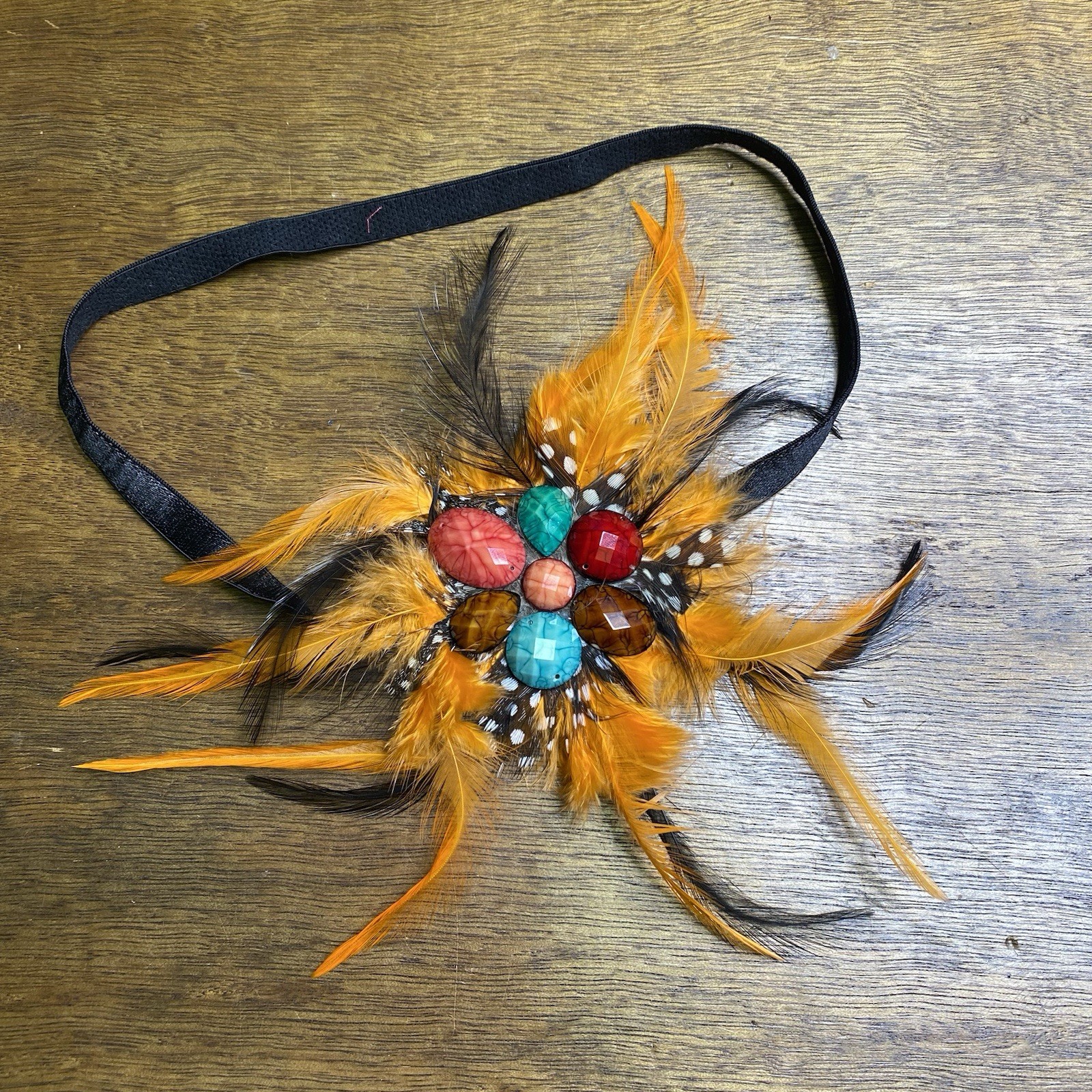 Feather Headband Elastic Strap Orange Black Fascinator Boho Hair Accessory