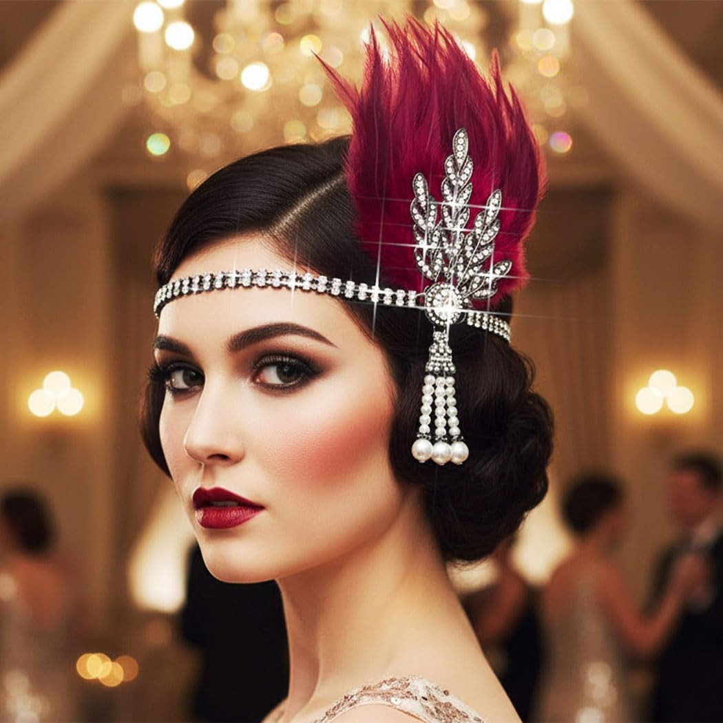 1920S Flapper Feather Headpiece Leaf Rhinestone Headband Roaring 20S Headwear…
