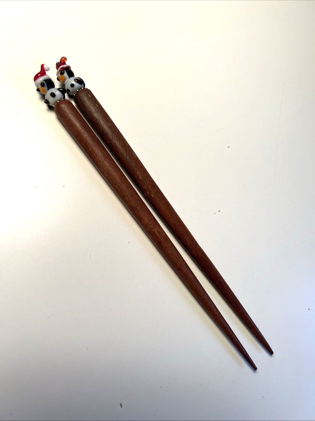 Vintage Wood Wooden Glass Hair Stick Pin Santa Hat Penguin Christmas Brown 6.5″