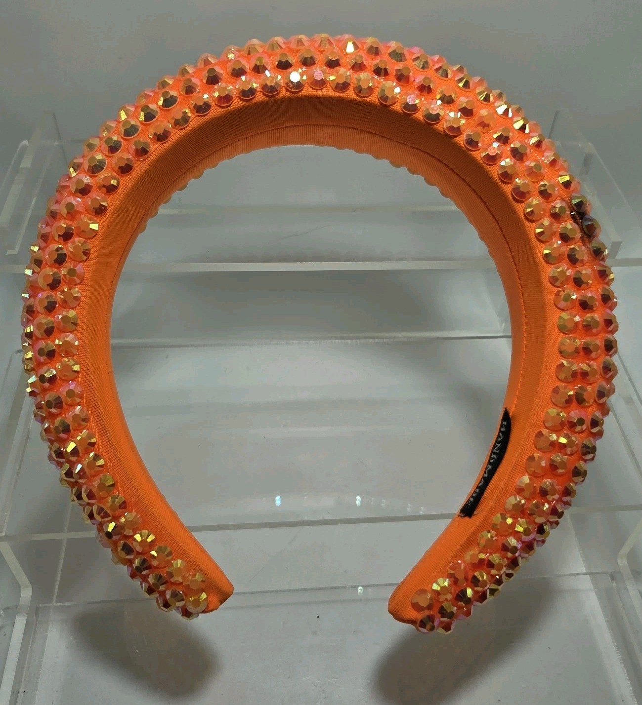 Neon Orange Padded Fabric Headband Hair Accessory W/Rhinestone Bling Handmade