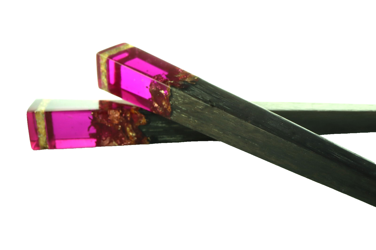 Two Purple Fuchsia Resin Gold Leaf Foil Accents Oak Hair Sticks 6″