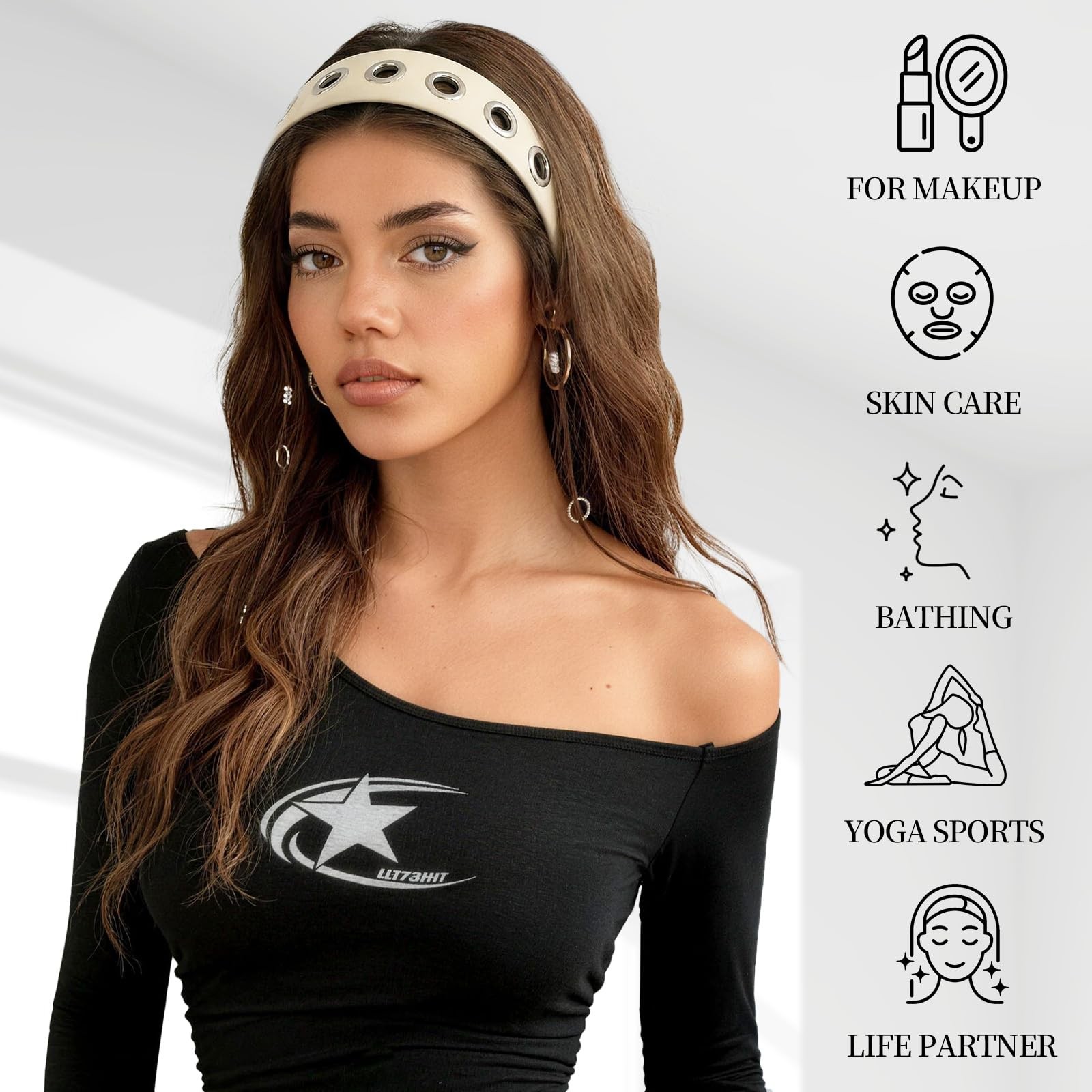 Grommet Headband for Women,Y2k Wide Eyelet Headbands, Punk PU Leather Metal H…