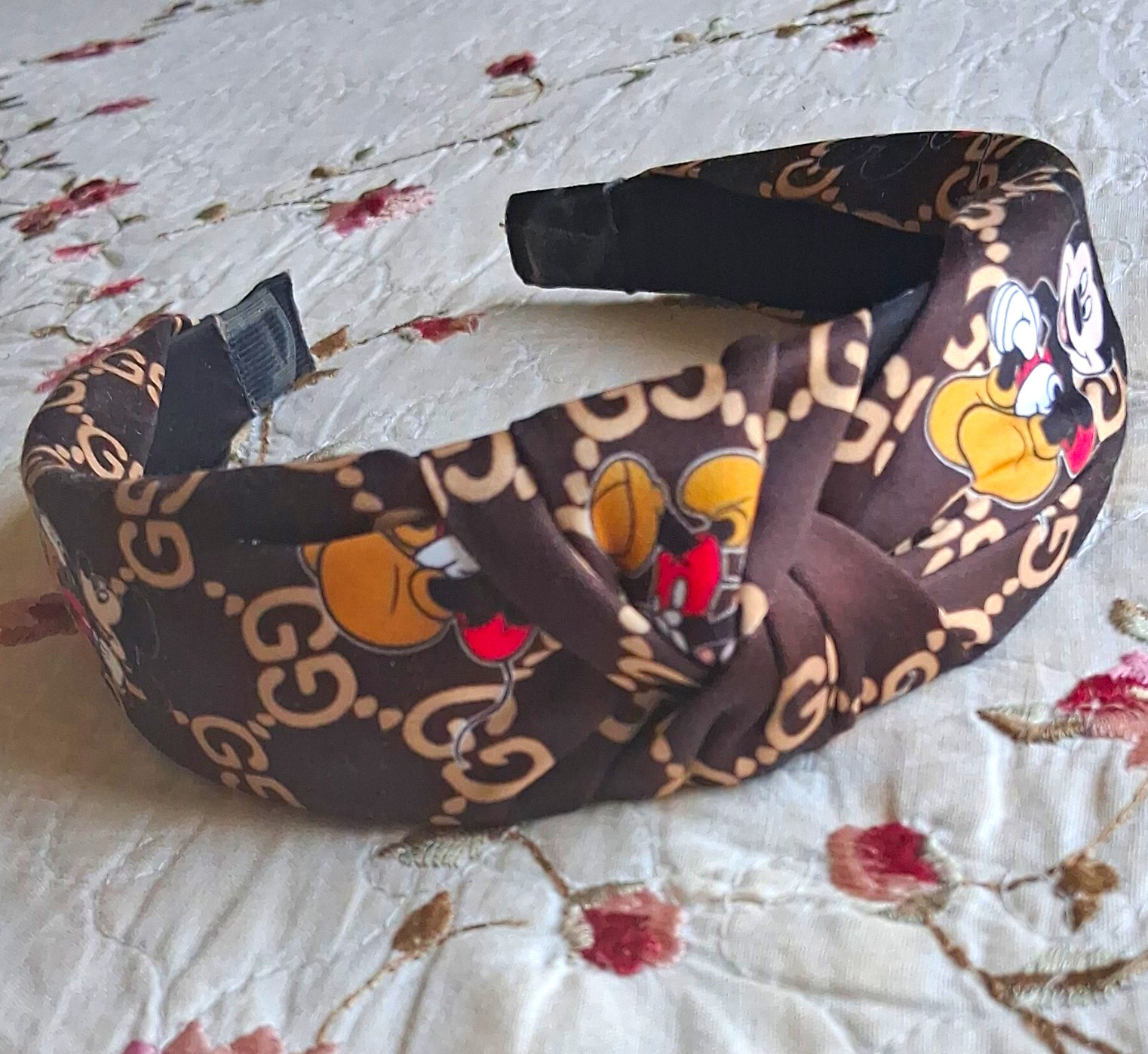 Mickey Mouse Logo Print Padded Knotted Fabric Headband Brown for Women