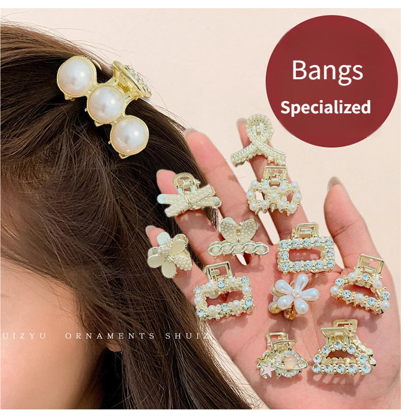 2Pcs Bangs Hair Clips, Pearl Flat Clip & Bunny Ears Set, 2 Styles