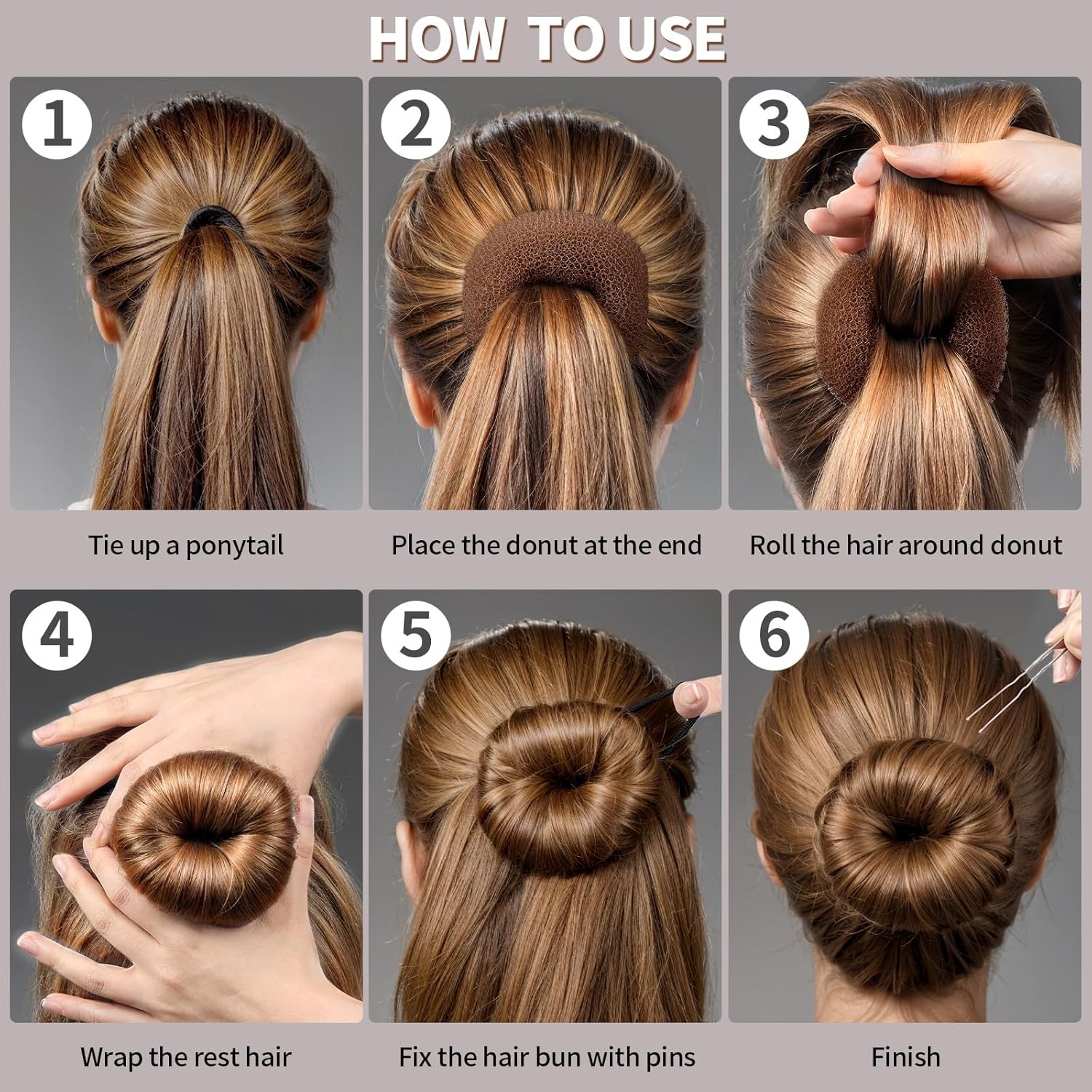 Hair Bun Maker Set 7 Donut Makers w/ Hair Nets Pins & Ties for Women Styling