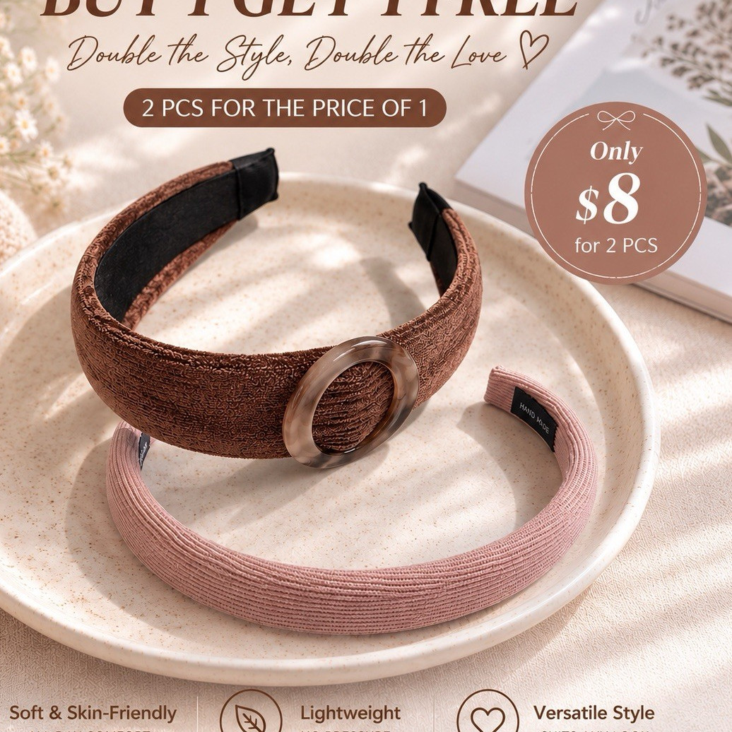 Women’s Brown/Pink Solid Fabric Headbands Set, Lightweight Round Buckle