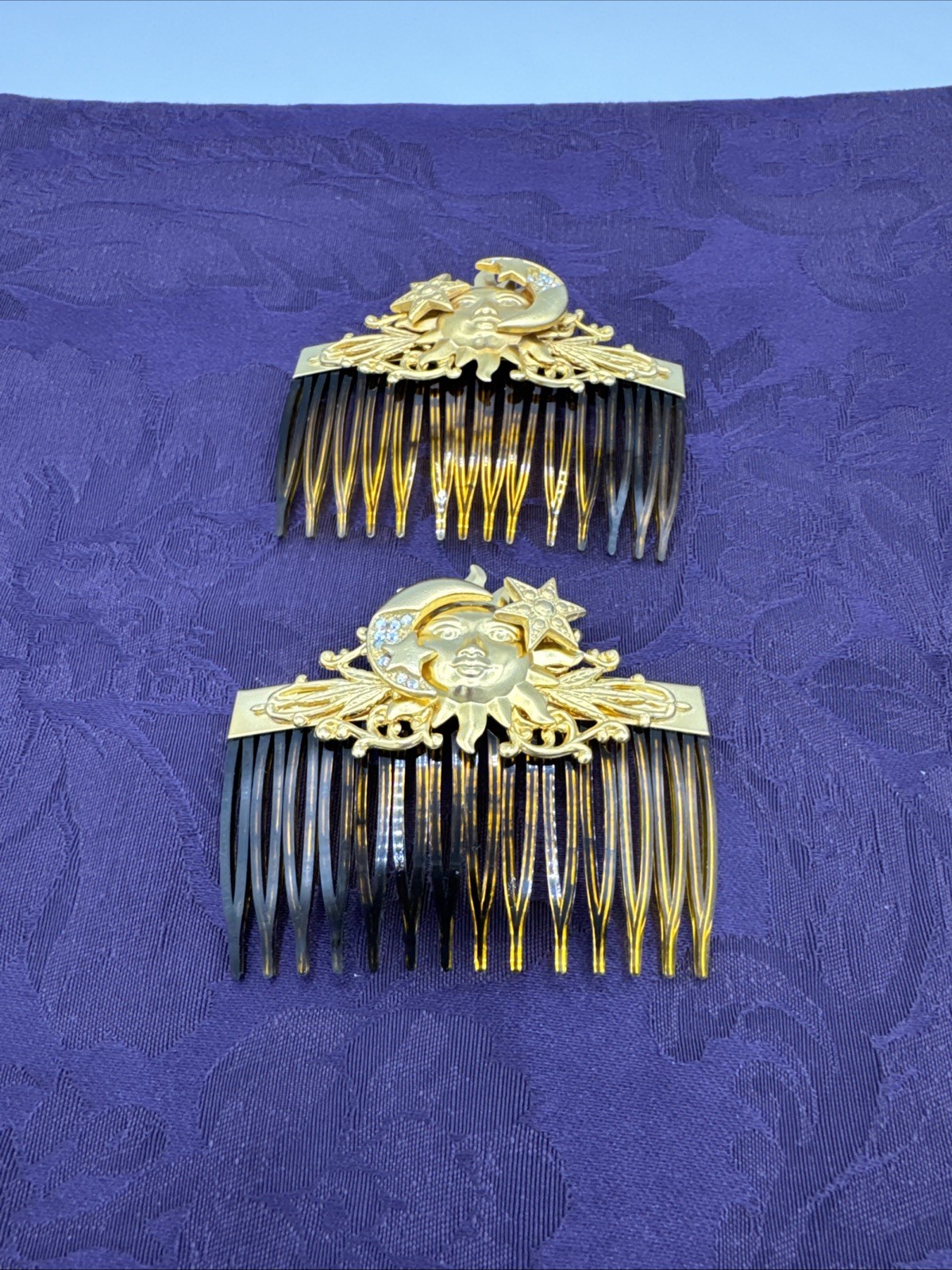 RARE Vintage Kirks Folly Gold Plated Celestial Hair Combs Sun Moon Star Design
