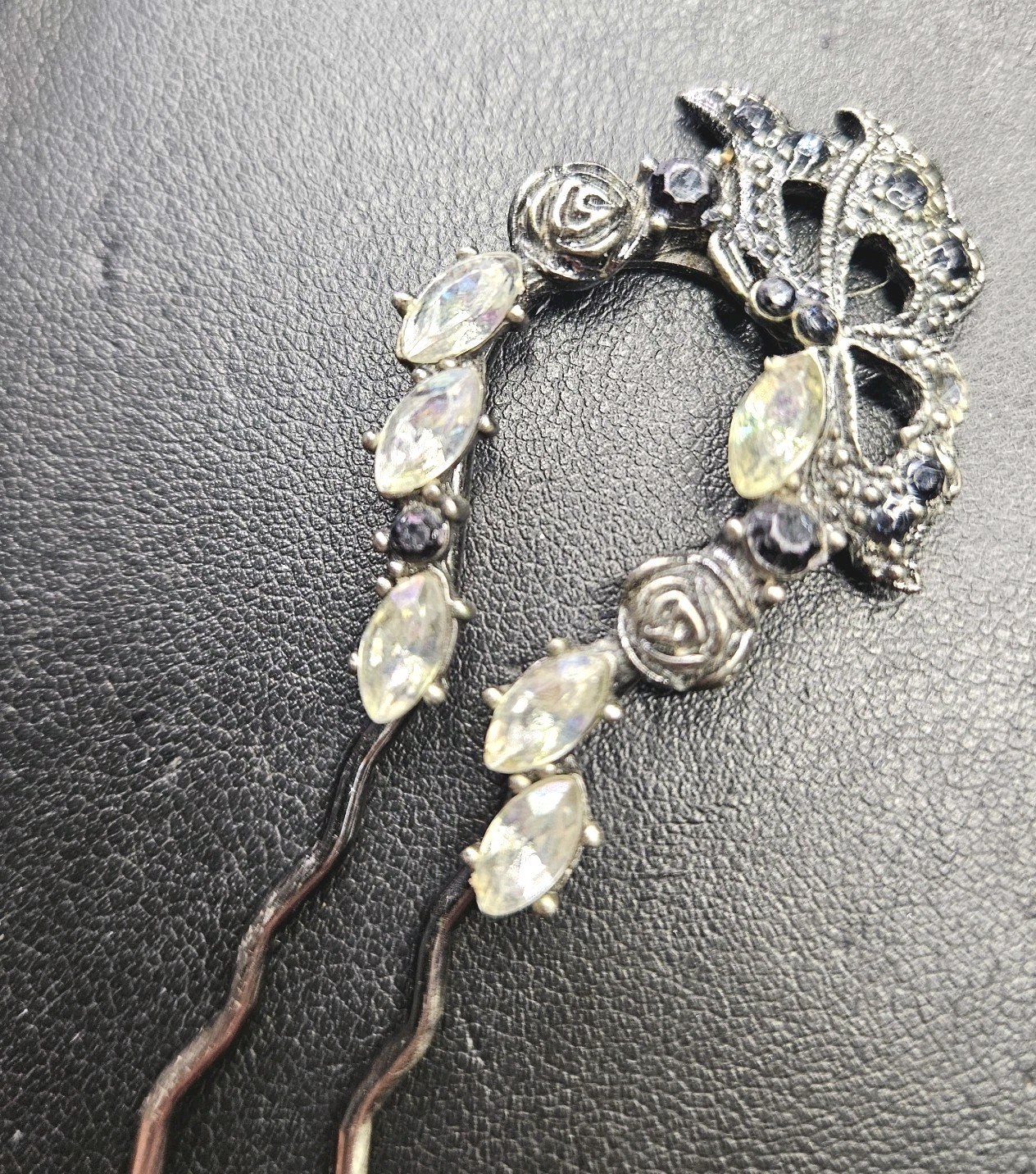 Vintage Jeweled Hair Pin Hairpiece Rhinestone Flower 4.5 In Long