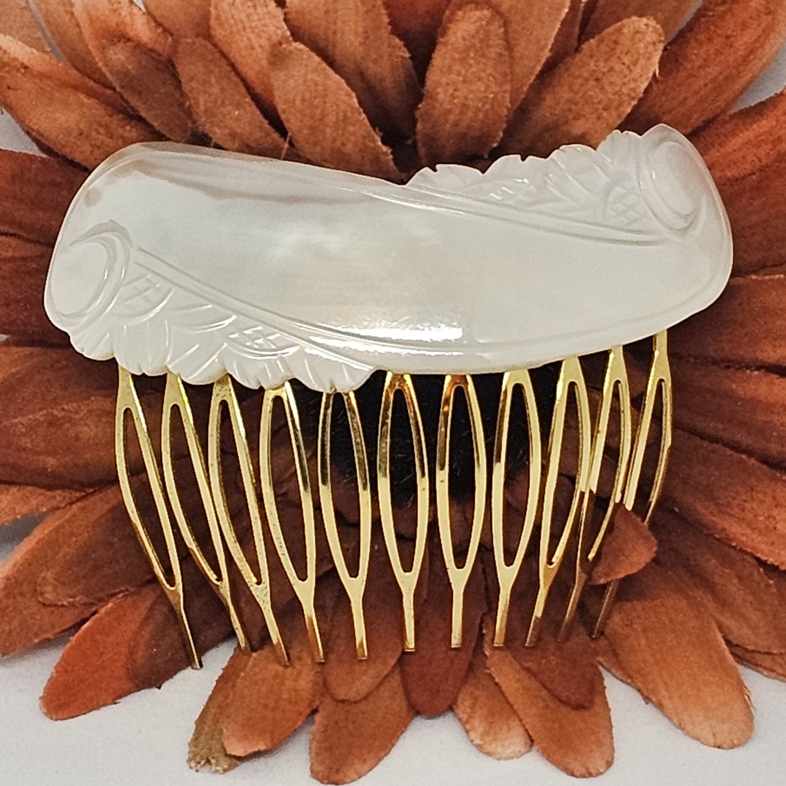 Carved White MOP Mother of Pearl Shell Hair Comb Swirl NEW Flower Paisley