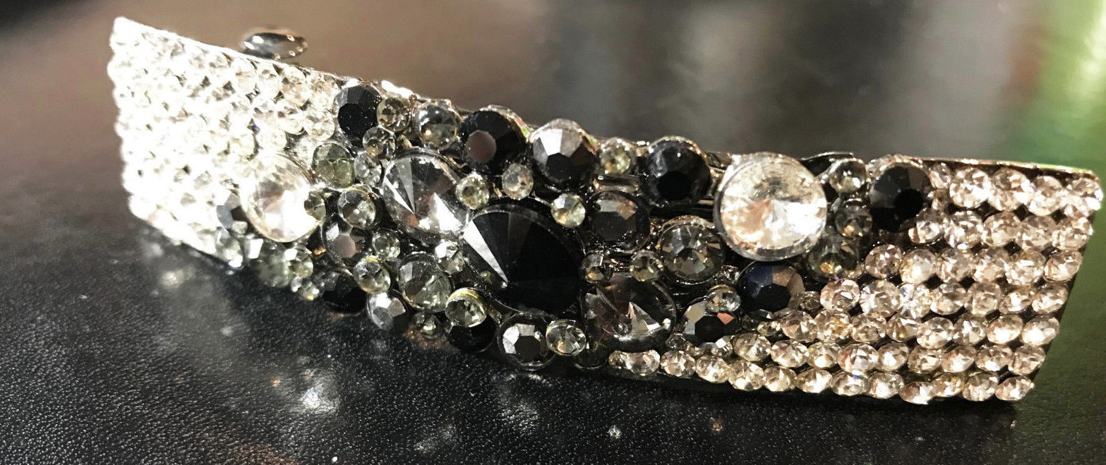 New Multi Rhinestone 3” Hair Barrette Band With Black and Gray Crystal