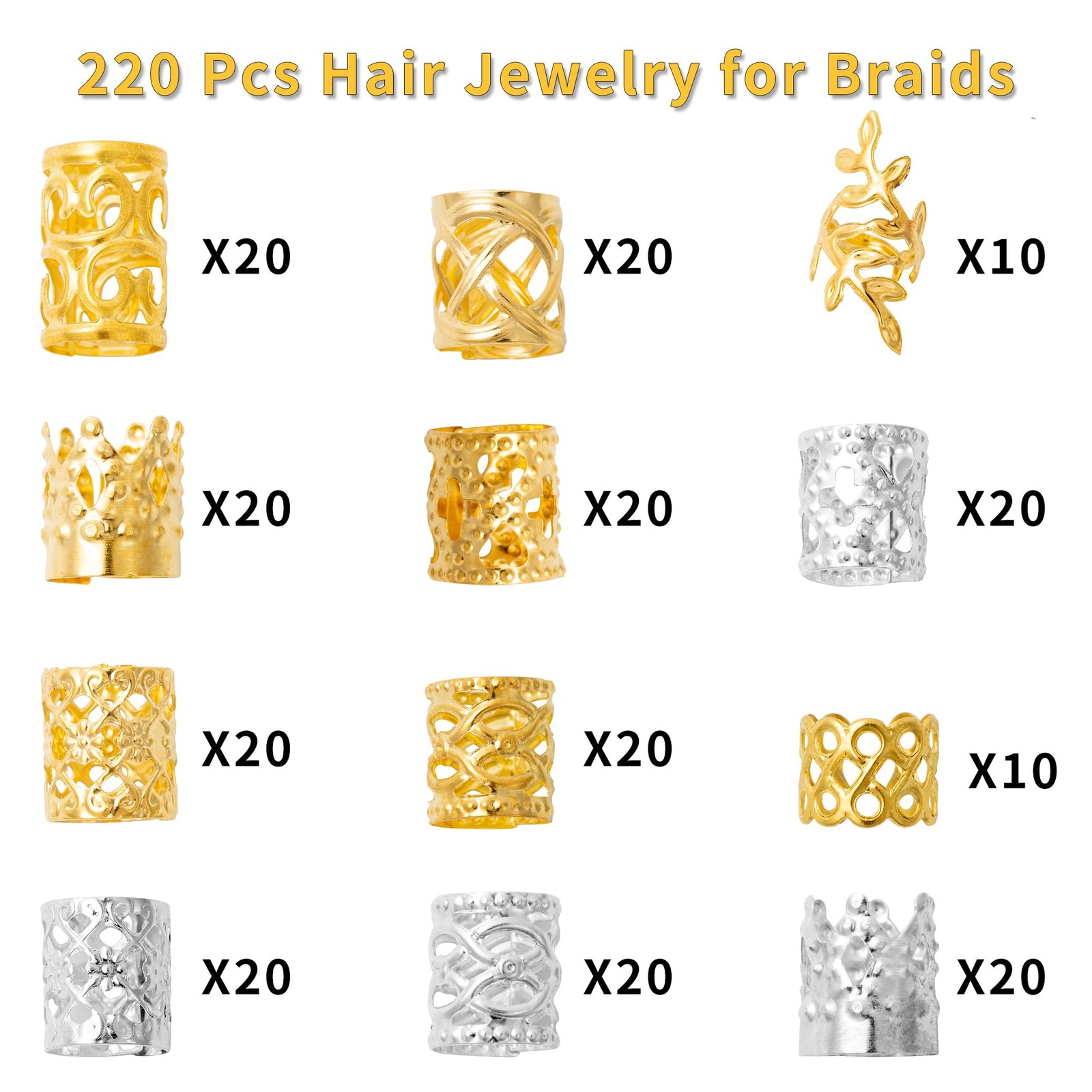 MODASER 220 Pcs Gold Hair Jewelry for Braids, 12 Styles and Silver