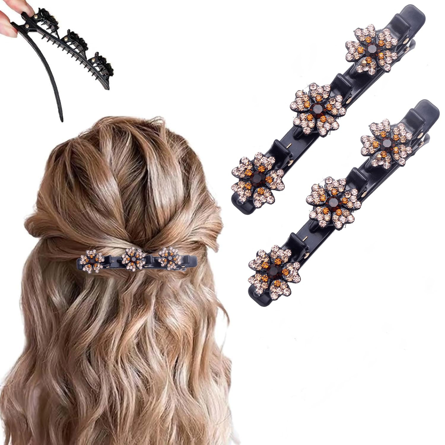 2 Pcs Sparkling Crystal Stone Braided Hair Clips, 2025 New Satin Fabric Hair Ban