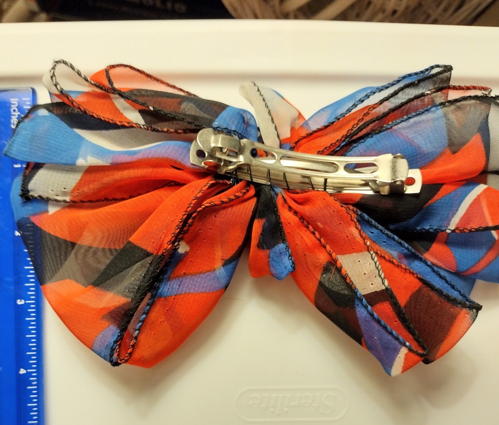 Large Hair Barrette with Flowy Fabric Bow. Dark Blue, light blue, white, and red