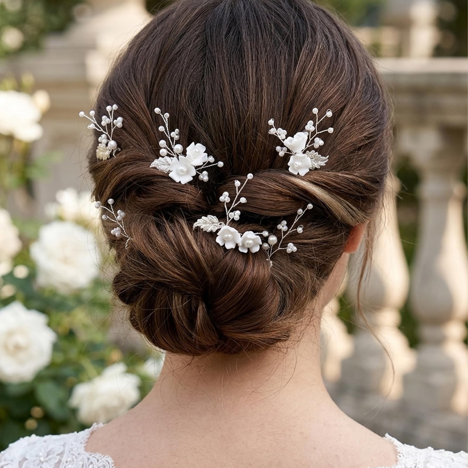 Handmade Pearl Bridal Wedding Hair Pins 6Pcs White Ceramic Flowers Gold Leaf …