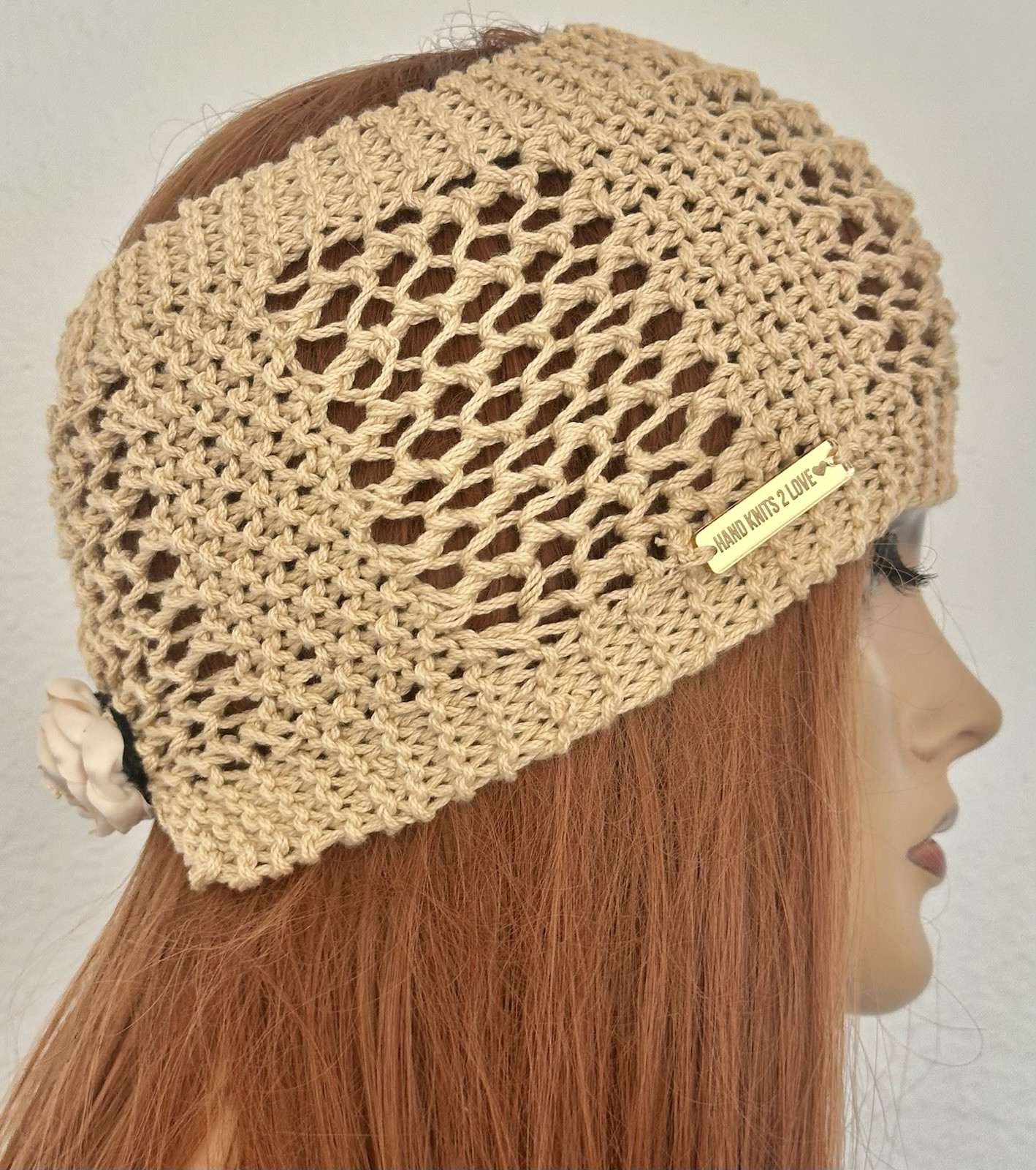 Hand Knits 2 Love Headband Bandana Lace Flower Designer Fashion Khaki Beige Gift