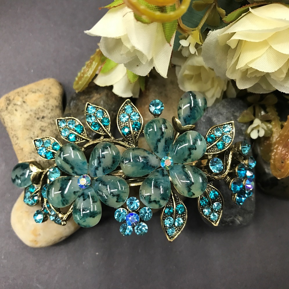 Antique Tone Flower Rhinestone Blue Color Hair Clip Barrette HA9028 dec
