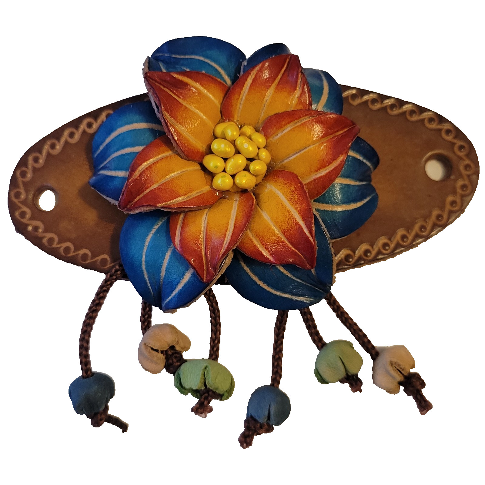 Leather Barrette Hair Clip & Wood Stick Ponytail Holder Flower Woodstick Pony