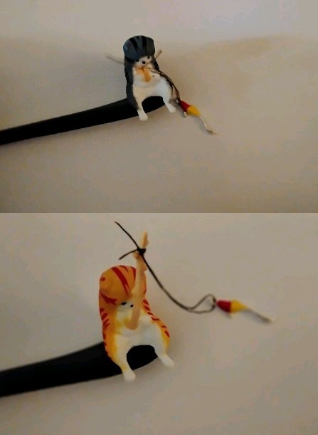 Fishing Cat Hair Stick 2 piece Set. Orange Gray Black Kitties