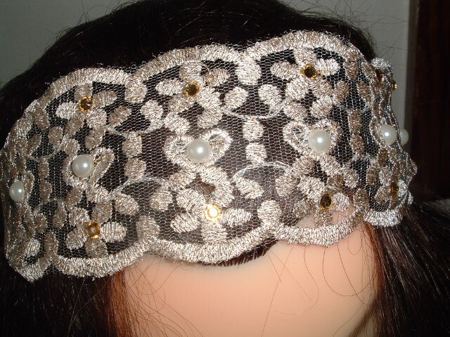 Ashley Lace with White Pearls and Topaz Rhinestones Stretch Headband NWT