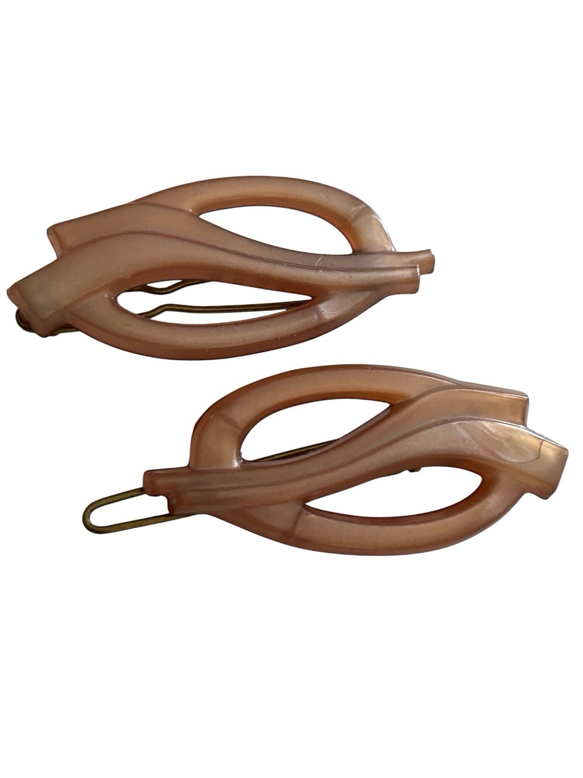 Vtg Lot 2 Oval Hair Barrette Plastic Metal Hair Clip Beige Champagne France