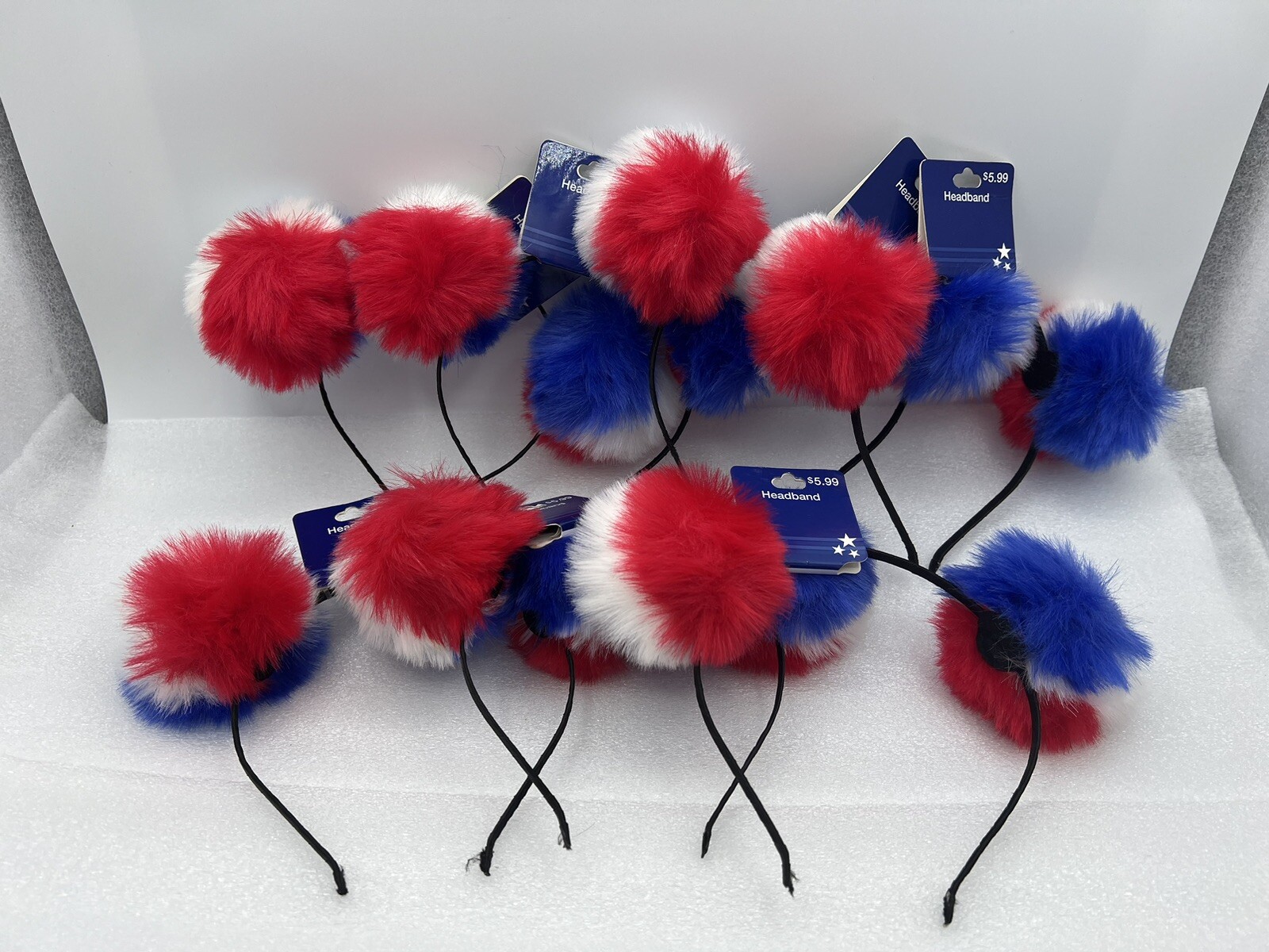 Pom Pom Headbands Hair Accessories Patriotic Red White & Blue (Lot of 7)