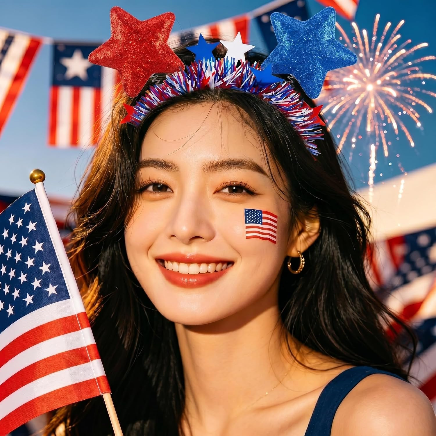 8Pcs 4Th of July Headbands, Patriotic Red White Blue USA Flag Star Headband Deco