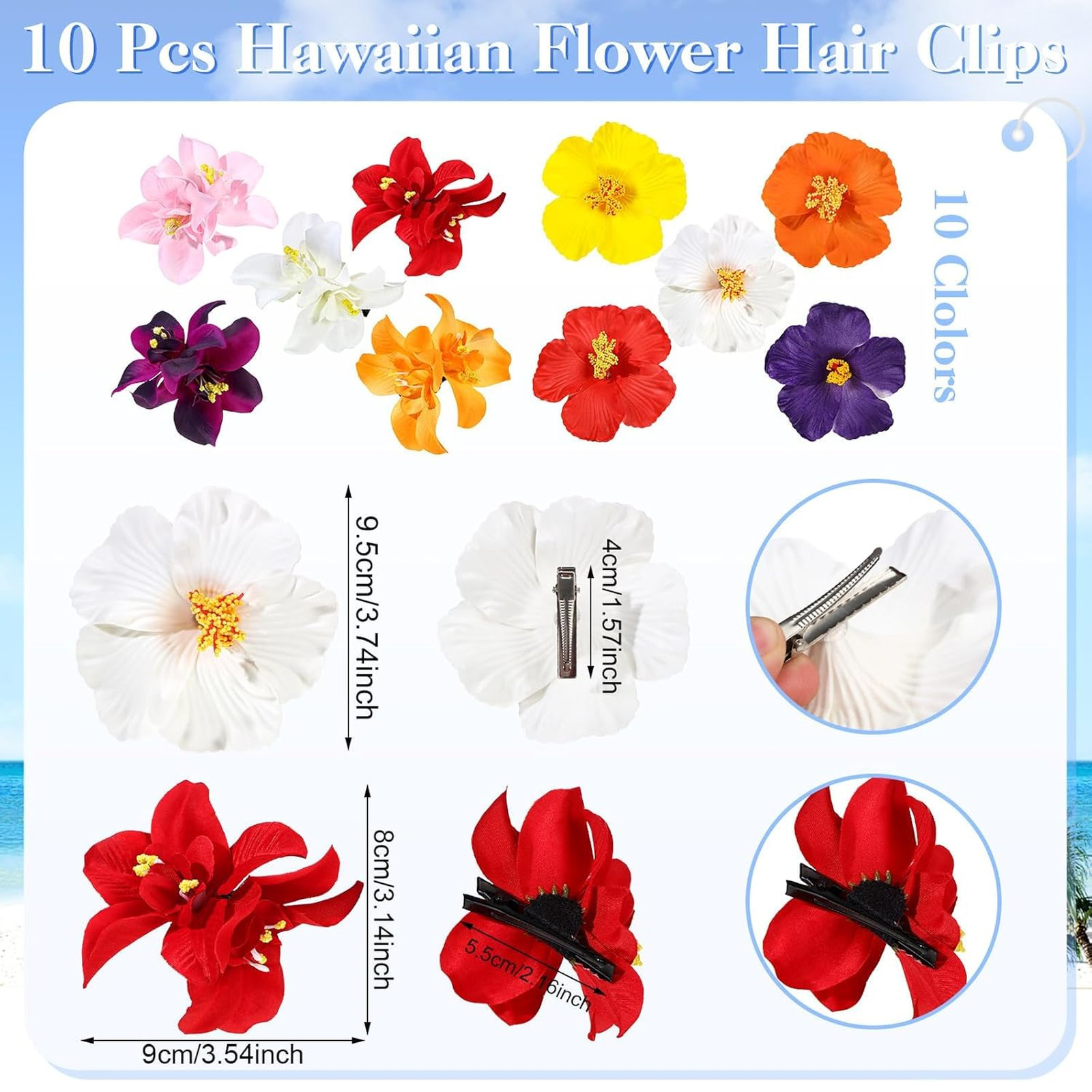 Hawaiian Flower Hair Clips 10 Pcs for Women, Plumeria Hibiscus Hair Accessories