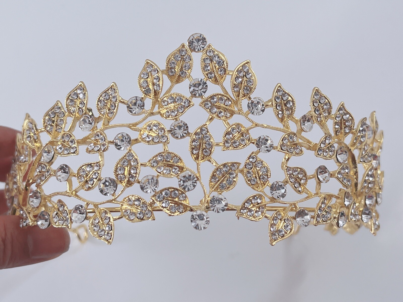 Women Forest Queen Prom Royal Gold Leaf Crystal High Hair Headband Tiara Crown