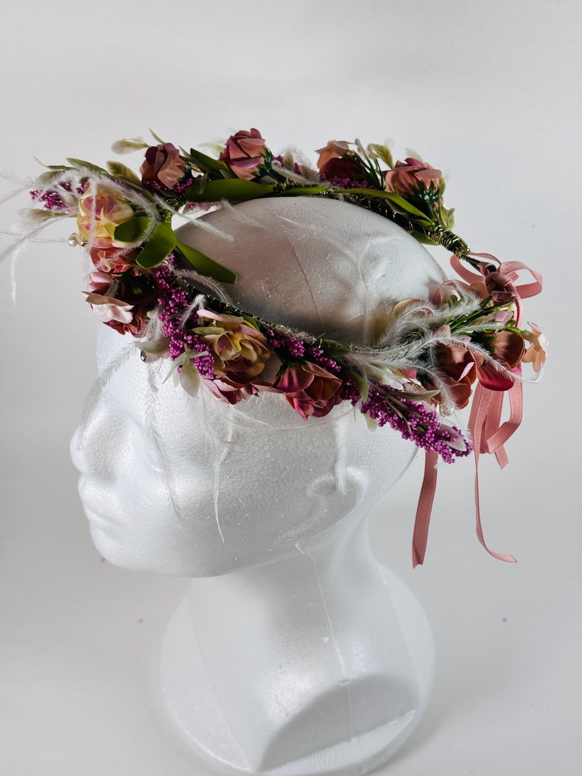 Mauve Flower Crown Wedding Quinceanera Communion Boho Feather Hair Wreath FH_C