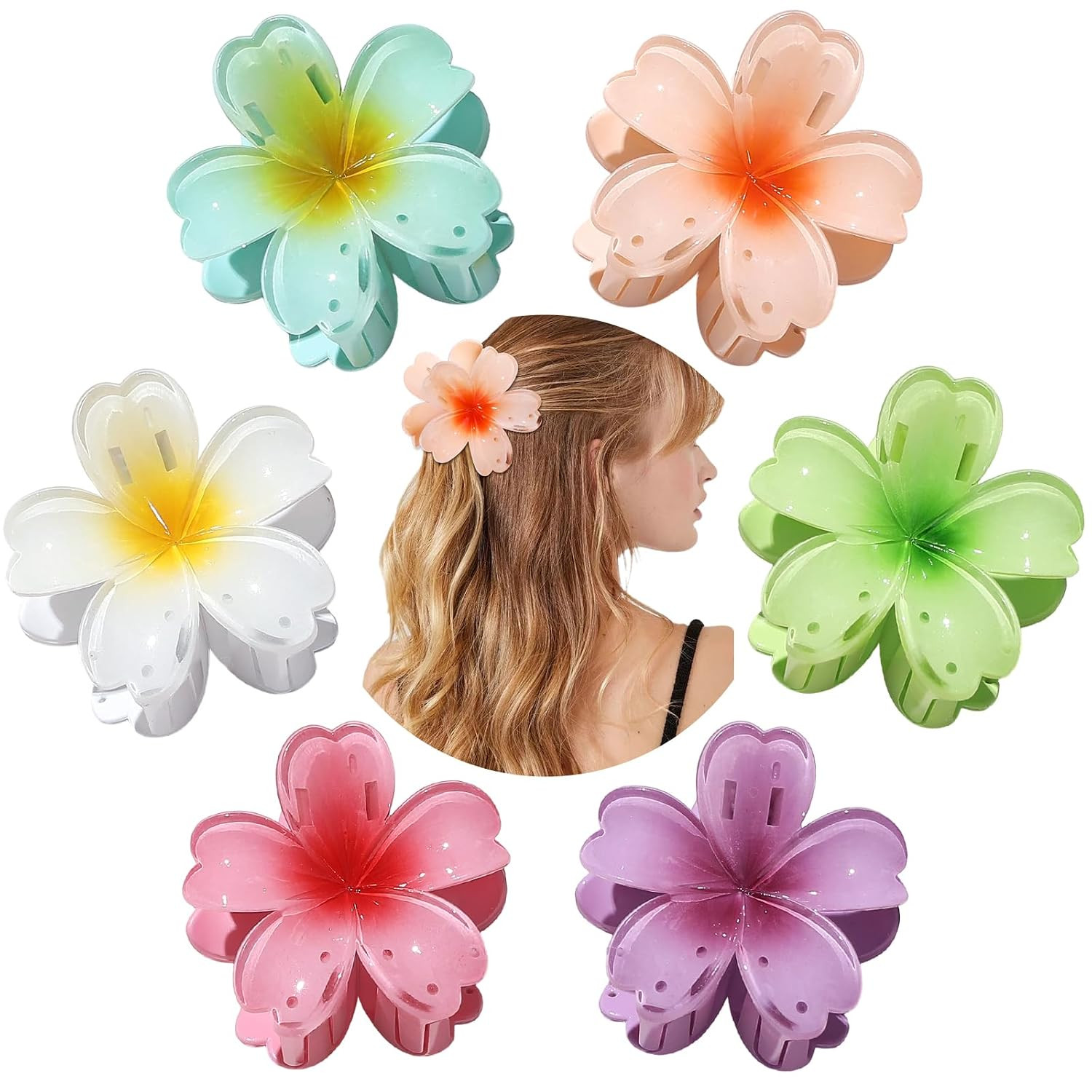 Hawaiian Flower Hair Claw Clips – 6 Pcs for All Hair Types, Strong Hold