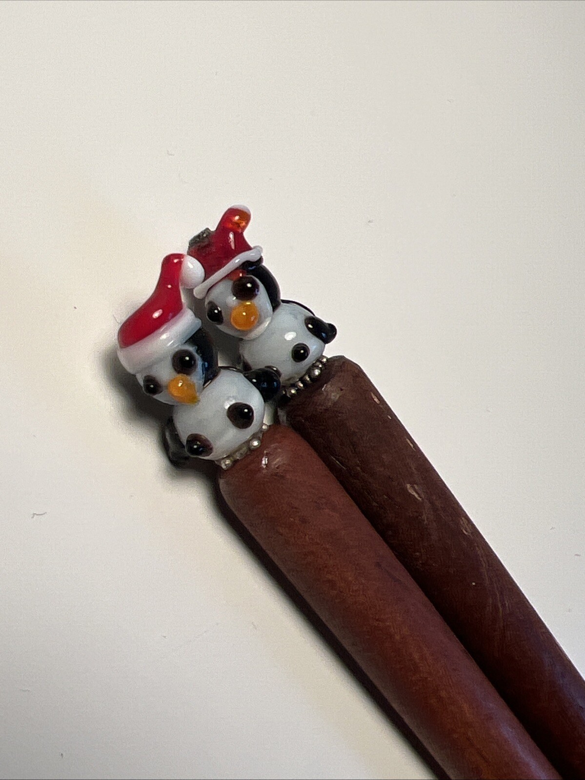 Vintage Wood Wooden Glass Hair Stick Pin Santa Hat Penguin Christmas Brown 6.5″