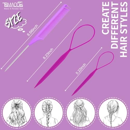 Topsy Tail Hair Tool Set 2 Sizes Loop Durable Plastic French Braid Styling Comb